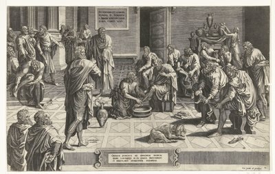 Kristus wast de voeten van de discipelen Kaiken Herra kumartuu polvilleen pestäkseen palvelijoidensa jalat, esimerkki ainutlaatuisesta nöyryydestä (otsikko esineessä) tekijältä Hans Collaert (I) (attributed to)