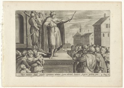 Rechabeam antwoordt het volk Geschiedenis van Jeroboam en Rechabeam (sarjan nimi) The Treasu of the Sacred Histories of the Old Testament (...) (sarjan nimi) tekijältä Hans Collaert (I) (attributed to)