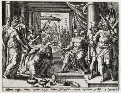 Salomo ontangt de koningin van Seba Geschiedenis van Salomo (sarjan nimi) Kuningas Salomon historia (...) (sarjan nimi) Vanhan testamentin pyhän historian aarre, valittu tämän taiteen erinomaisimpien kuvien avulla tekijältä Hans Collaert (I) (attributed to)