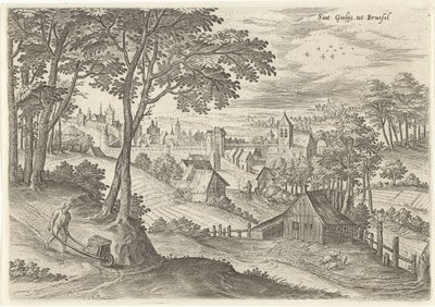 Näkymä Saint-Gillesiin Sint Gielijs Brysseliin (otsikko esineessä) Nähtävyyksiä Brysselin alueelta (sarjan nimi) tekijältä Hans Collaert (I)