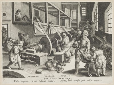 Politura Armorum (kiillotusvarret), levy 17 sarjasta Nova Reperta (Modern Discoveries) n. 1588 (kaiverrus paperille) tekijältä Hans Collaert