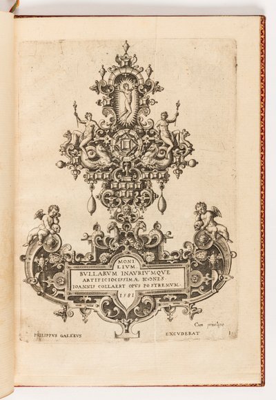 Kilpi 1, otsikkosivu kymmenen hengen sarjasta, otsikolla Monilium Bullarum Inauriumque Artificocissimae Icones, Ioannis Collaert Opus Postremum (Kaulakorujen, riipuksien ja korvakorujen suunnittelu, Joannis Collaertin lopputyö) tekijältä Hans Collaert the Elder
