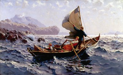Norjalainen kalastusvene, lähellä Bergeniä (öljy kankaalle) tekijältä Hans Dahl