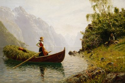 Nainen ja mies vuonomaisemassa tekijältä Hans Dahl