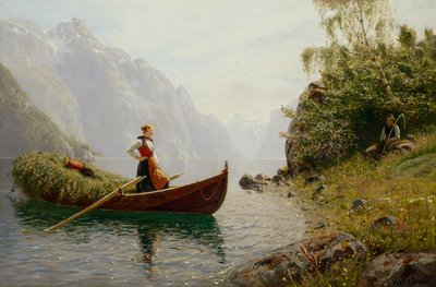 Nainen ja mies vuonomaisemassa tekijältä Hans Dahl