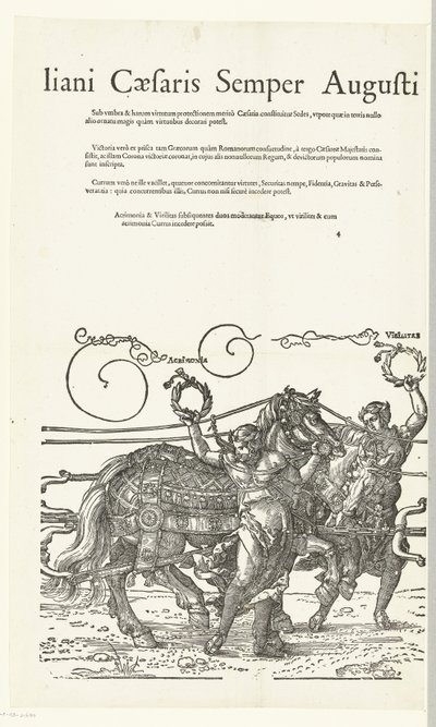 Triomfwagen van Keiser Maximiliaan I Kopieën naar Dürers Triomfwagen voor keizer Maximiliaan I (sarjan nimi) Tämä on voittovaunu Invictuksen kunniaksi. Ja Loistavin prinssi D. Maximilianus Caesaris Semper Augustus, Ja Albertuksen kautta tekijältä Hans Guldenmund