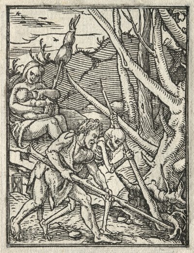 Kuoleman tanssi: Karkotus paratiisista; Adam viljelemässä maata tekijältä Hans Holbein