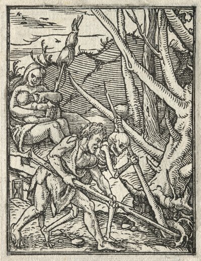 Kuoleman tanssi: Karkotus paratiisista, Adam viljelee maata. tekijältä Hans Holbein