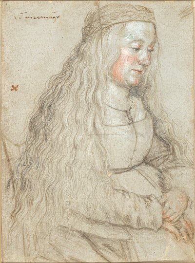 Istuva morsian, jossa on kiiltävät hiukset ja sanka tekijältä Hans Holbein d.Æ.