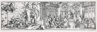 Anti-katolinen pilapiirros, jossa tuomitaan paavin korruptio tekijältä Hans Holbein der Jüngere