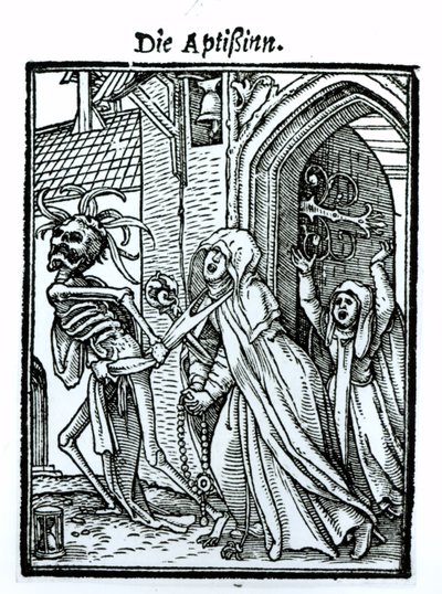 Kuolema ja apottitar, teoksesta "Kuoleman tanssi", kaiverrus Hans Lutzelburger, n. 1538 tekijältä Hans Holbein der Jüngere