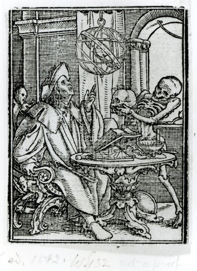 Kuolema ja tähtitieteilijä, teoksesta "Kuoleman tanssi", kaiverrus Hans Lutzelburger, n. 1538 tekijältä Hans Holbein der Jüngere