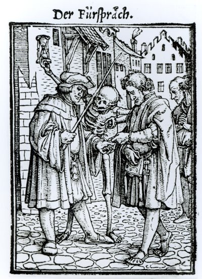 Kuolema ja asianajaja, teoksesta "Kuoleman tanssi", kaiverrus Hans Lutzelburger, n. 1538 tekijältä Hans Holbein der Jüngere