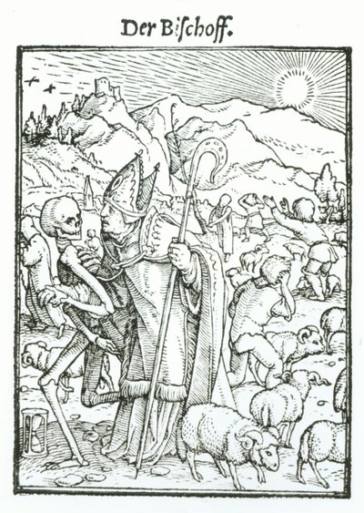 Kuolema ja piispa, teoksesta "Kuoleman tanssi", kaiverrettu Hans Lutzelburgerin toimesta, n. 1538. tekijältä Hans Holbein der Jüngere