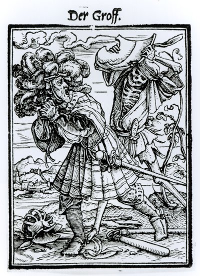Kuolema ja kreivi, teoksesta "Kuoleman tanssi", kaiverrus Hans Lutzelburger, n. 1538 tekijältä Hans Holbein der Jüngere