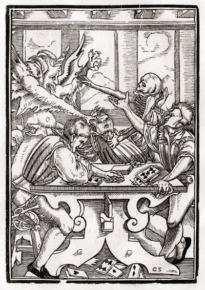 Kuolema ja paholainen tulevat korttisoittimelle, kaiverrettu Georg Scharffenberg, "Der Todten Tanz", julkaistu Basel, 1843 tekijältä Hans Holbein der Jüngere