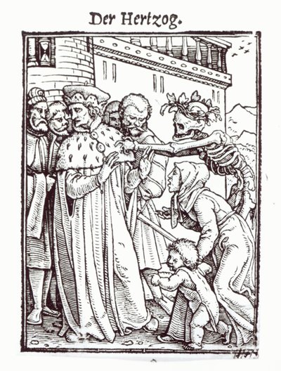 Kuolema ja herttua, teoksesta "Kuoleman tanssi", kaiverrus Hans Lutzelburger, n. 1538 tekijältä Hans Holbein der Jüngere