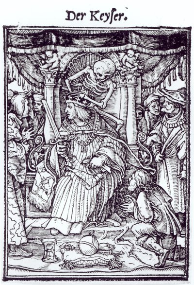Kuolema ja keisari, teoksesta "Kuoleman tanssi", Hans Lutzelburgerin kaiverrus, n. 1538 tekijältä Hans Holbein der Jüngere