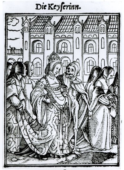 Kuolema ja keisarinna, teoksesta "Kuoleman tanssi", kaiverrus Hans Lutzelburger, n. 1538 tekijältä Hans Holbein der Jüngere