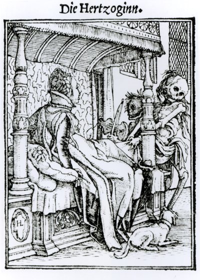 Kuolema ja nainen, teoksesta "Kuoleman tanssi", kaiverrus Hans Lutzelburger, n. 1538 tekijältä Hans Holbein der Jüngere