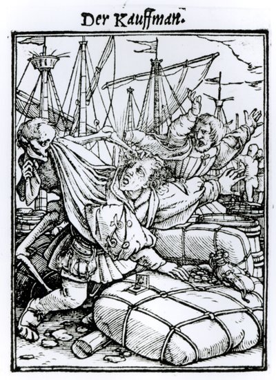 Kuolema ja kauppias, teoksesta "Kuoleman tanssi", kaiverrus Hans Lutzelburger, n. 1538 tekijältä Hans Holbein der Jüngere