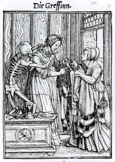 Kuolema ja rakastajatar, teoksesta "Kuoleman tanssi", kaiverrus Hans Lutzelburger, n. 1538 tekijältä Hans Holbein der Jüngere