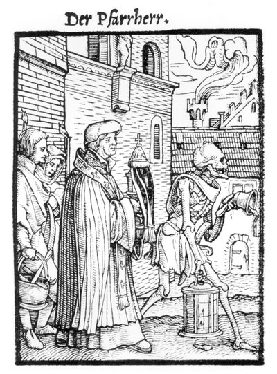Kuolema ja seurakunnan pappi, teoksesta "Kuoleman tanssi", kaiverrus Hans Lutzelburger, n. 1538 tekijältä Hans Holbein der Jüngere