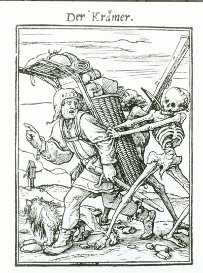 Death and the Pedlar, teoksesta "Kuoleman tanssi", kaiverrus Hans Luutzelburger, n. 1538 tekijältä Hans Holbein der Jüngere