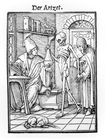 Kuolema ja lääkäri, teoksesta "Kuoleman tanssi", kaiverrus Hans Lutzelburger, n. 1538 tekijältä Hans Holbein der Jüngere