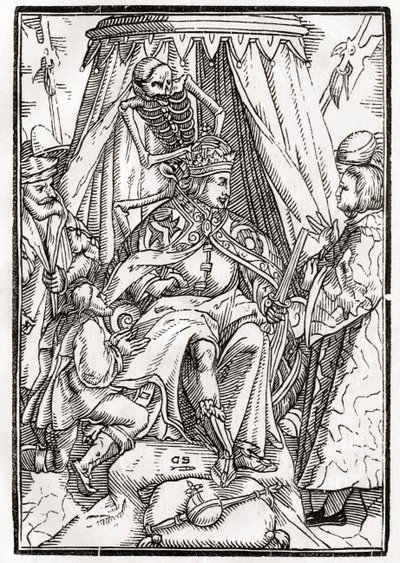 Kuolema tulee keisarille, kaiverrus Georg Scharffenberg, "Der Todten Tanz", julkaistu Basel, 1843 tekijältä Hans Holbein der Jüngere
