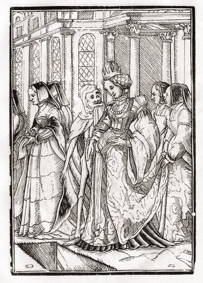 Kuolema keisarinnalle, kaiverrus Georg Scharffenberg, "Der Todten Tanz", julkaistu Basel, 1843 (litho) tekijältä Hans Holbein der Jüngere