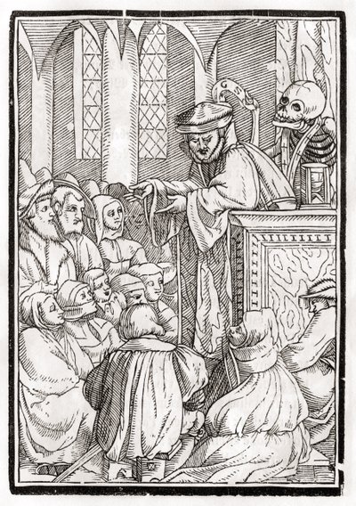 Kuolema tulee saarnaajalle, kaiverrus Georg Scharffenberg, "Der Todten Tanz", julkaistu Basel, 1843 tekijältä Hans Holbein der Jüngere