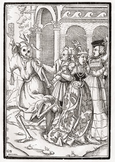 Kuolema tulee kuningattarelle, kaiverrettu Georg Scharffenberg, "Der Todten Tanz", julkaistu Basel, 1843 tekijältä Hans Holbein der Jüngere