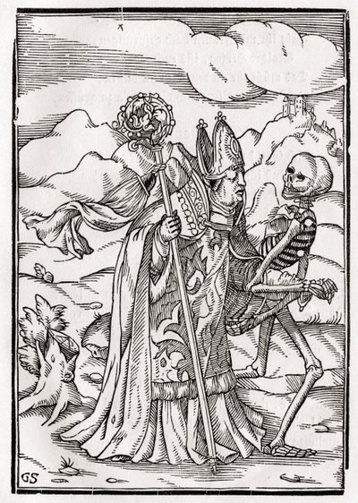 Kuolema piispalle, kaiverrus Georg Scharffenberg, "Der Todten Tanz", julkaistu Basel, 1843 tekijältä Hans Holbein der Jüngere