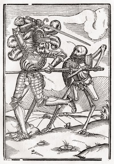Kuolema tulee ritariin tai kreiviin, "Der Todten Tanz", julkaistu Basel, 1843 tekijältä Hans Holbein der Jüngere