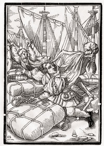 Kuolema tulee kauppiaalle, kaiverrus Georg Scharffenberg, "Der Todten Tanz", julkaistu Basel, 1843 tekijältä Hans Holbein der Jüngere