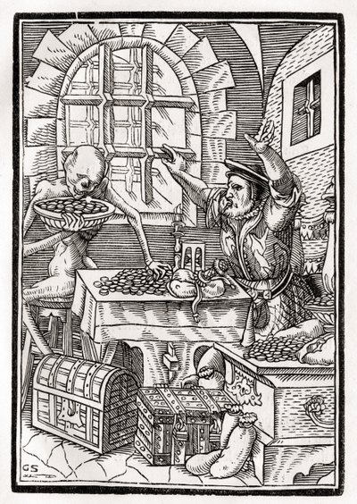 Kuolema tulee miserille tai koronnakijalle, kaivertanut Georg Scharffenberg, "Der Todten Tanz", julkaistu Basel, 1843 tekijältä Hans Holbein der Jüngere