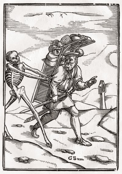 Kuolema tulee Pedlariin, kaivertanut Georg Scharffenberg, "Der Todten Tanz", julkaistu Basel, 1843 tekijältä Hans Holbein der Jüngere