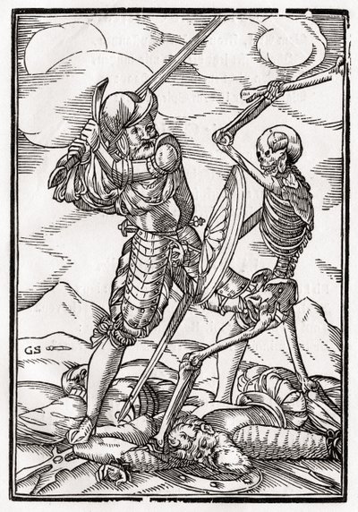 Kuolema tulee sotilaalle, kaiverrus Georg Scharffenberg, "Der Todten Tanz", julkaistu Basel, 1843 tekijältä Hans Holbein der Jüngere