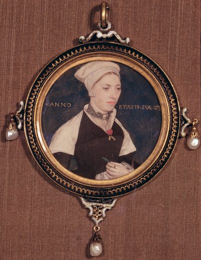 Pienoismuotokuva Jane Smallista, joka tunnettiin aiemmin nimellä Mrs. Robert Pemberton, n. 1540 (wc pelikorttiin kiinnitetyssä velumissa) tekijältä Hans Holbein der Jüngere