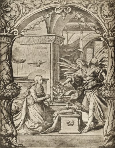 The Annunciation, Richard Fisherin teoksesta "Kaiverrus-, etsaus- ja puupiirroskokoelman luettelo", julkaistu 1879 (litho) tekijältä Hans Holbein der Jüngere