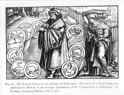 Luonnontieteet filosofian läsnäollessa, Boethiuksen "Filosofian lohdutuksen" saksankielisestä painoksesta vuodelta 1537, kuvitus julkaisusta "Tiede ja kirjallisuus keskiajalla ja Renais" tekijältä Hans Holbein der Jüngere