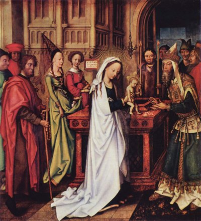 Saksa: Darstellung Christi im Tempel Dominikaanien alttari, vasen sisäsiipi, alalaita: Kristuksen esittäminen temppelissä tekijältä Hans Holbein the Elder