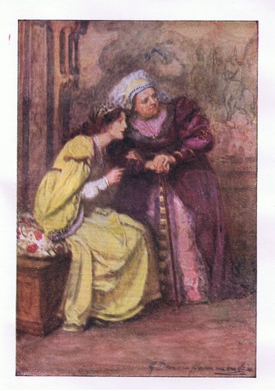 Tule tänne, hoitaja. Mikä tuo herrasmies on? (Romeo ja Julia), teoksesta The Complete Works of Shakespeare, jonka on julkaissut George Harrap & Co Ltd, 1920-luku. tekijältä Hans Holbein der Jüngere