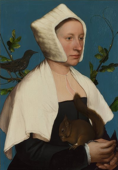 Nainen ja orava ja kottarainen (Anne Lovell?). Noin 1526-28 tekijältä Hans Holbein der Jüngere
