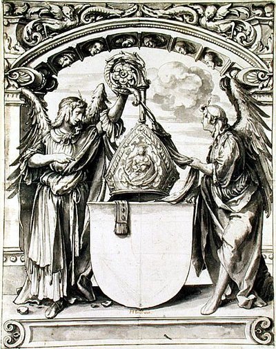 Suunnittelu lasimaalaukseen, n. 1520 (kynä ja harmaa pesu mustalla liidulla paperille) tekijältä Hans Holbein der Jüngere