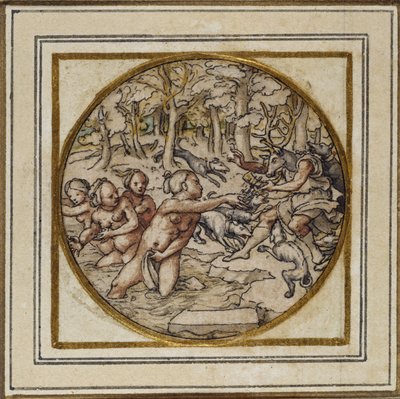 Diana ja Actaeon - Suunnittelu riipukseen tai hattumerkkiin, n. 1532-43 (kynä ja muste paperille) tekijältä Hans Holbein der Jüngere