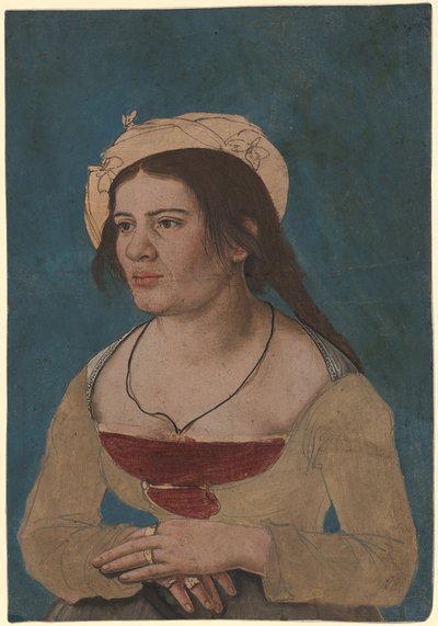 Hans Holbein nuorempi (noin) - Muotokuva nuoresta naisesta, jolla on punainen liivi, Inv. 1823.143 tekijältä Hans Holbein the Younger
