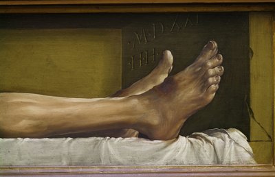 Kuolleen Kristuksen ruumis, yksityiskohta jaloista ja teoksen signeeraus ja päivämäärä, 1521 tempera kalkkipuulla tekijältä Hans Holbein der Jüngere
