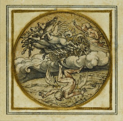 Ikaroksen putoaminen - Suunnitelma riipusta tai hattumerkkiä varten, noin 1532-43 (tussi ja tussi paperille) tekijältä Hans Holbein der Jüngere